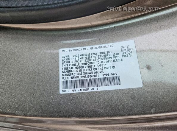 5FNRL6H93JB042041 2018 HONDA ODYSSEY Серый Вид наклейки с VIN-кодом