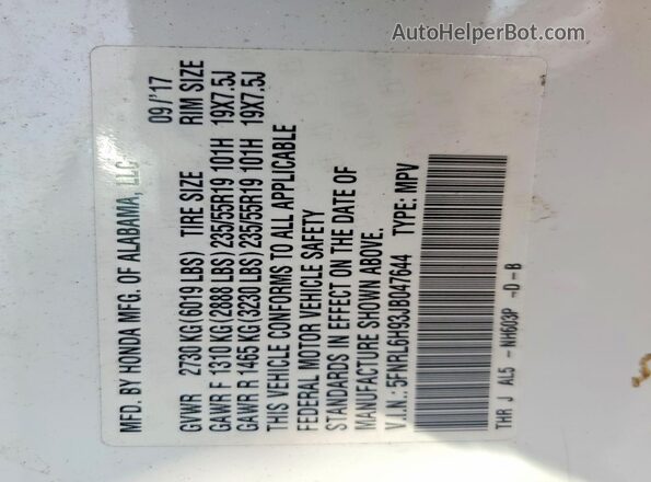 5FNRL6H93JB047644 2018 HONDA ODYSSEY White VIN sticker view