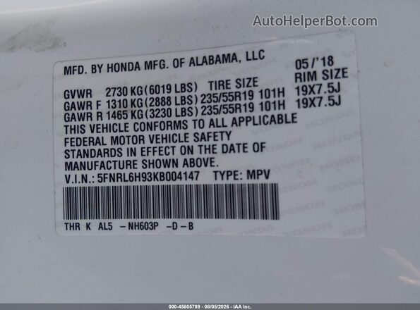 5FNRL6H93KB004147 2019 HONDA ODYSSEY White Vista del compartimento del motor