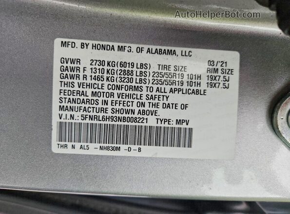 5FNRL6H93NB008221 2022 HONDA ODYSSEY Silver Вид наклейки з VIN-кодом