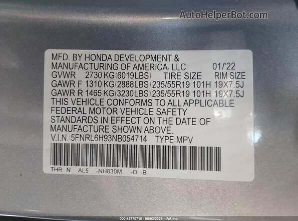 5FNRL6H93NB054714 2022 HONDA ODYSSEY Silver Вид підкапотного простору