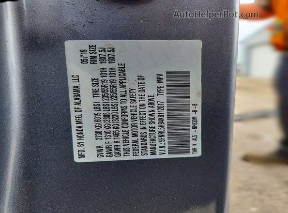 5FNRL6H94KB112017 2019 HONDA ODYSSEY Silver VIN sticker view