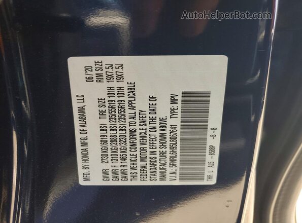 5FNRL6H95LB067641 2020 HONDA ODYSSEY Blue Vista de la etiqueta del VIN