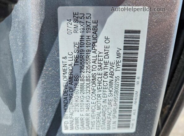 5FNRL6H95SB002755 2025 HONDA ODYSSEY Silver Вид наклейки з VIN-кодом