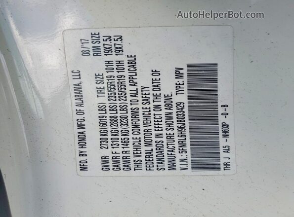 5FNRL6H96JB033429 2018 HONDA ODYSSEY White VIN կոդի պիտակի տեսք