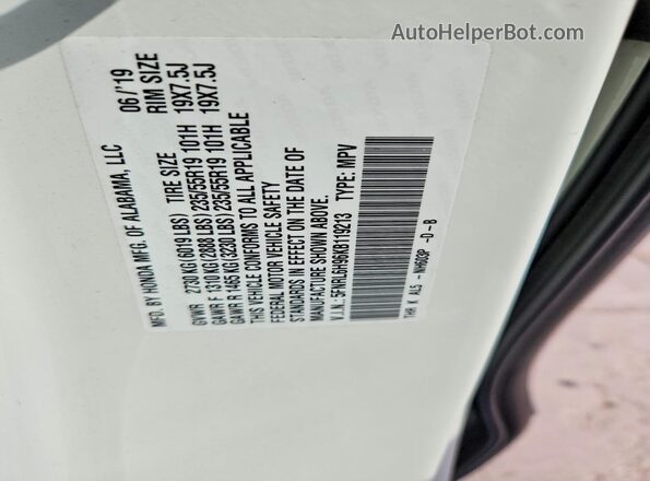 5FNRL6H96KB119213 2019 HONDA ODYSSEY White Vista de la etiqueta del VIN