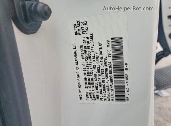 5FNRL6H96LB063694 2020 HONDA ODYSSEY White VIN sticker view