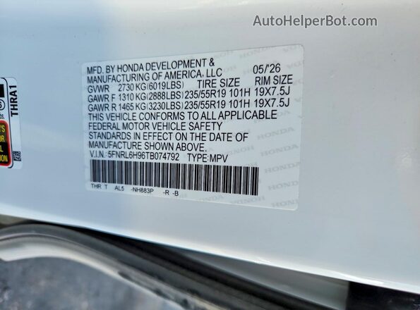 5FNRL6H96TB074792 2026 HONDA ODYSSEY White Engine compartment view