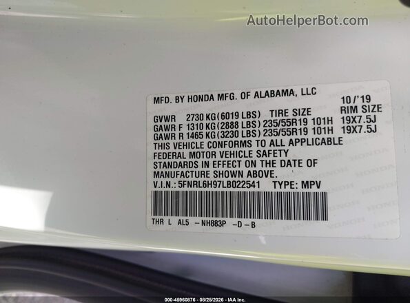 5FNRL6H97LB022541 2020 HONDA ODYSSEY White Вид підкапотного простору