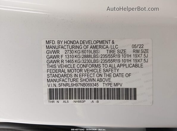 5FNRL6H97NB069345 2022 HONDA ODYSSEY White Вид підкапотного простору