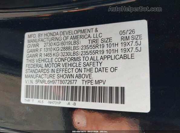 5FNRL6H97TB072677 2026 HONDA ODYSSEY Black Widok komory silnika