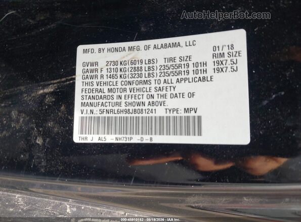 5FNRL6H98JB081241 2018 HONDA ODYSSEY Black Շարժիչի բաժամունքի տեսք