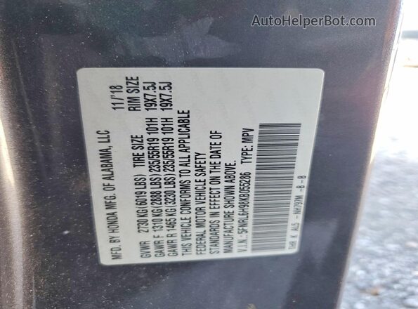 5FNRL6H98KB055286 2019 HONDA ODYSSEY Gray VIN կոդի պիտակի տեսք