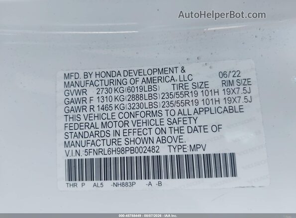5FNRL6H98PB002482 2023 HONDA ODYSSEY White Engine compartment view