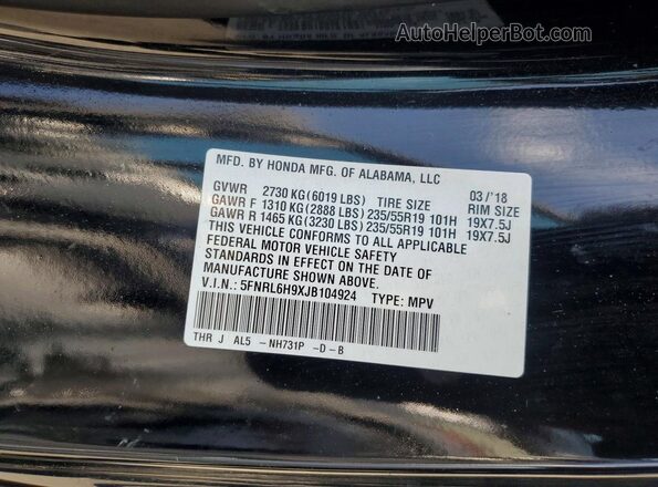 5FNRL6H9XJB104924 2018 HONDA ODYSSEY Black Vista de la etiqueta del VIN