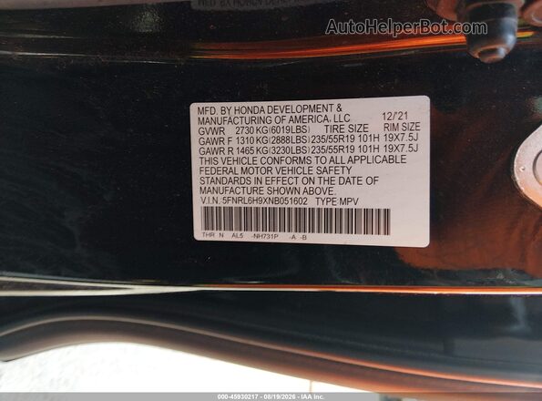 5FNRL6H9XNB051602 2022 HONDA ODYSSEY Black Widok komory silnika