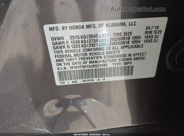 5FNYF5H15JB021490 2018 HONDA PILOT Серый Вид подкапотного пространства