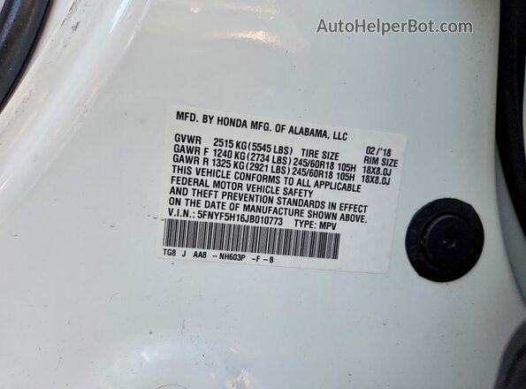 5FNYF5H16JB010773 2018 HONDA PILOT White Вид наклейки з VIN-кодом