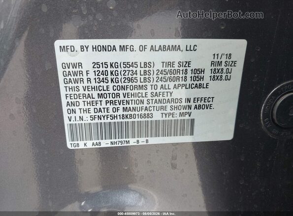 5FNYF5H18KB016883 2019 HONDA PILOT Gray Widok komory silnika