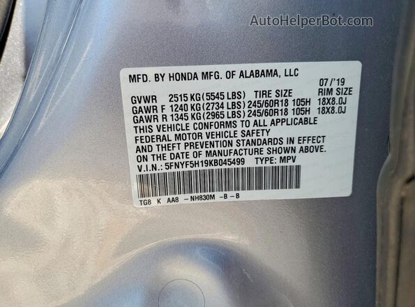 5FNYF5H19KB045499 2019 HONDA PILOT White Widok naklejki z numerem VIN
