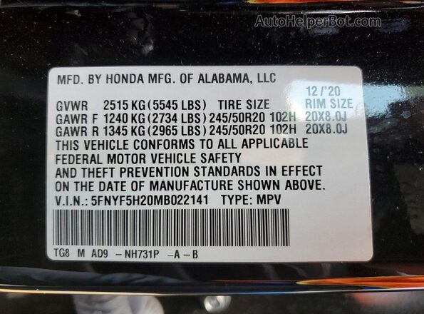 5FNYF5H20MB022141 2021 HONDA PILOT Black Vista de la etiqueta del VIN