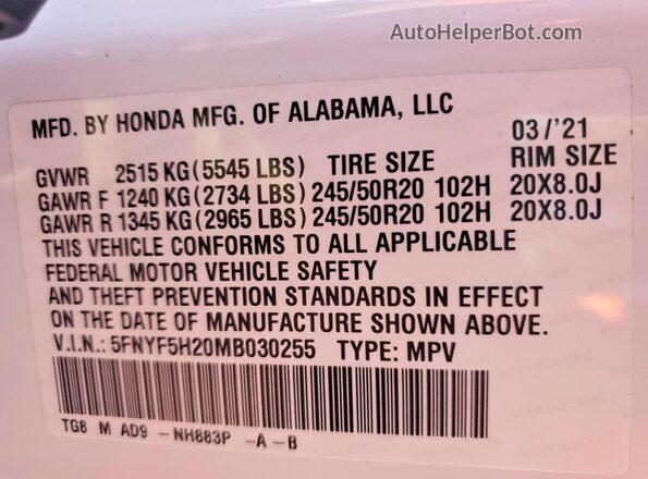 5FNYF5H20MB030255 2021 HONDA PILOT Белый Вид наклейки с VIN-кодом
