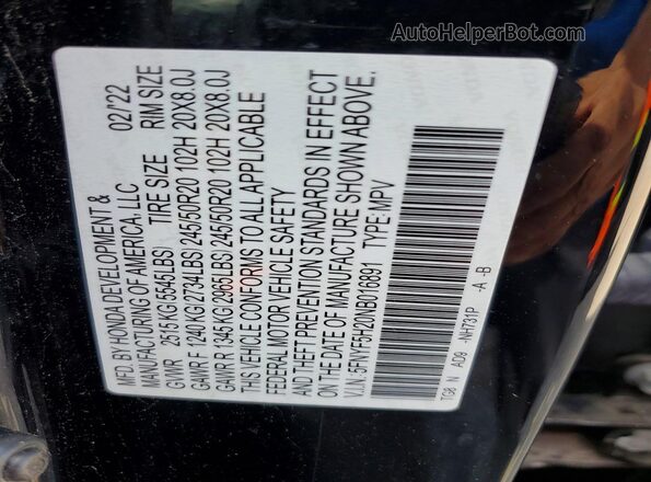 5FNYF5H20NB016891 2022 HONDA PILOT Черный Вид наклейки с VIN-кодом