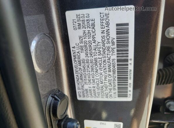 5FNYF5H21MB046576 2021 HONDA PILOT Gray VIN კოდის სტიკერის ხედი