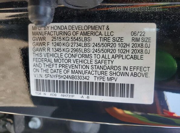 5FNYF5H24NB030342 2022 HONDA PILOT Черный Вид наклейки с VIN-кодом