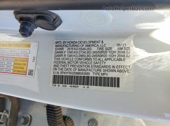 5FNYF5H25MB042689 2021 HONDA PILOT Белый Вид наклейки с VIN-кодом