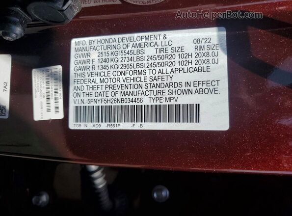 5FNYF5H26NB034456 2022 HONDA PILOT Maroon Widok naklejki z numerem VIN