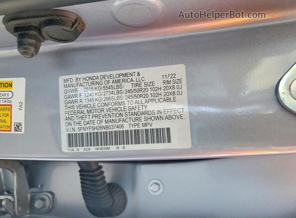 5FNYF5H26NB037406 2022 HONDA PILOT Серебряный Панорамный вид салона 360°