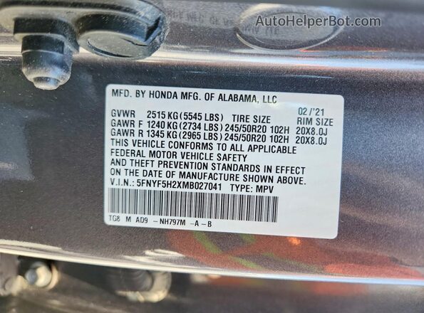 5FNYF5H2XMB027041 2021 HONDA PILOT Серый Вид наклейки с VIN-кодом