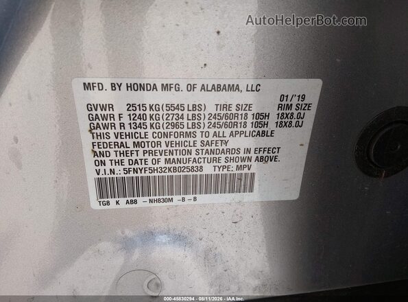 5FNYF5H32KB025838 2019 HONDA PILOT Silver ძრავის განყოფილების ხედი