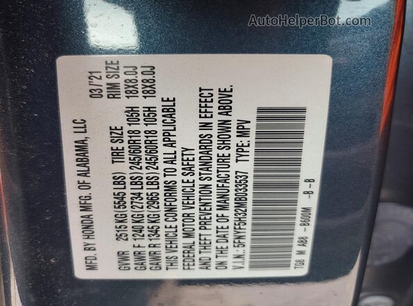 5FNYF5H32MB033537 2021 HONDA PILOT Blue VIN კოდის სტიკერის ხედი