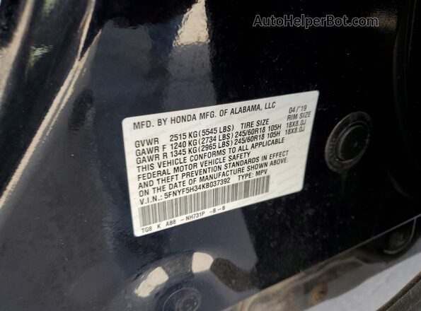 5FNYF5H34KB037392 2019 HONDA PILOT Black Vista de la etiqueta del VIN
