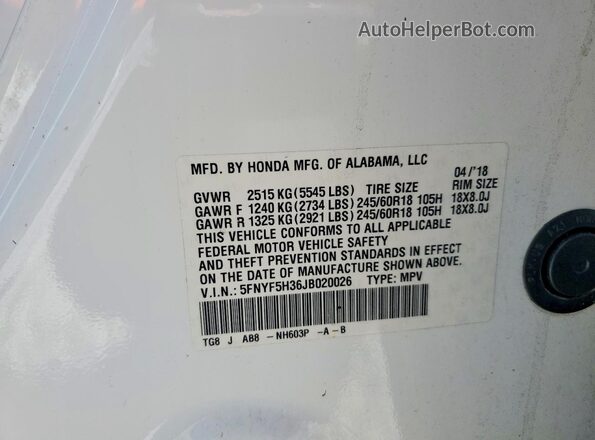 5FNYF5H36JB020026 2018 HONDA PILOT White Widok naklejki z numerem VIN