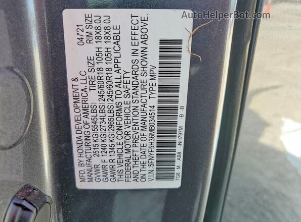 5FNYF5H36MB034514 2021 HONDA PILOT Серый Вид наклейки с VIN-кодом