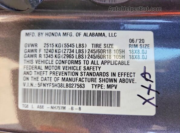 5FNYF5H38LB027563 2020 HONDA PILOT Charcoal Вид наклейки з VIN-кодом