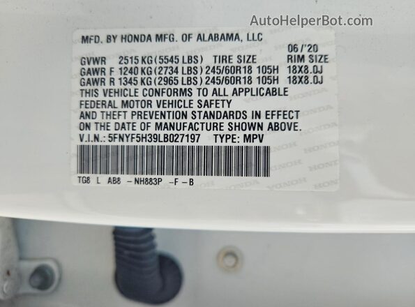 5FNYF5H39LB027197 2020 HONDA PILOT White Widok naklejki z numerem VIN