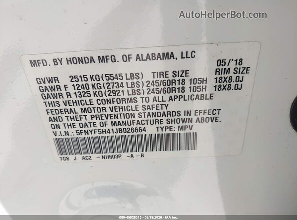 5FNYF5H41JB026664 2018 HONDA PILOT White Շարժիչի բաժամունքի տեսք