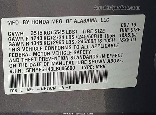 5FNYF5H43LB006600 2020 HONDA PILOT Gray ძრავის განყოფილების ხედი