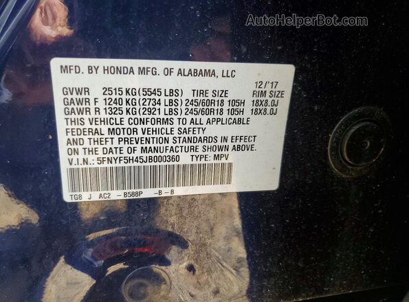 5FNYF5H45JB000360 2018 HONDA PILOT Blue VIN sticker view
