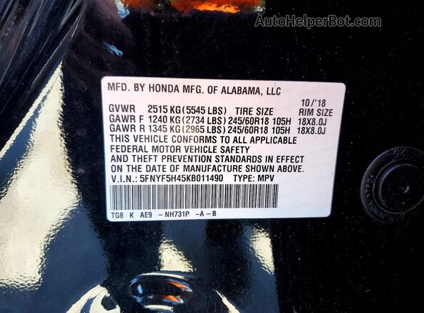 5FNYF5H45KB011490 2019 HONDA PILOT Black Vista de la etiqueta del VIN