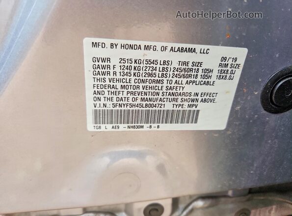 5FNYF5H45LB004721 2020 HONDA PILOT Silver სალონის 360-გრადუსიანი ხედი
