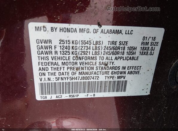 5FNYF5H47JB007472 2018 HONDA PILOT Burgundy ძრავის განყოფილების ხედი