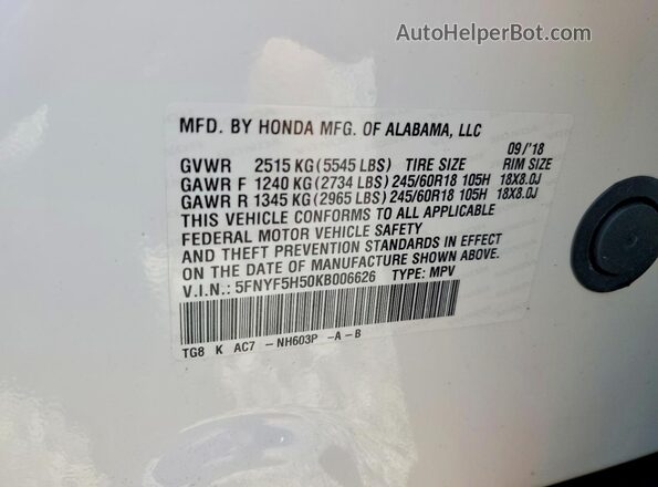 5FNYF5H50KB006626 2019 HONDA PILOT Белый Вид наклейки с VIN-кодом