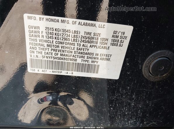 5FNYF5H50KB029050 2019 HONDA PILOT Black Widok komory silnika