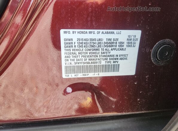 5FNYF5H50LB009172 2020 HONDA PILOT Red VIN კოდის სტიკერის ხედი