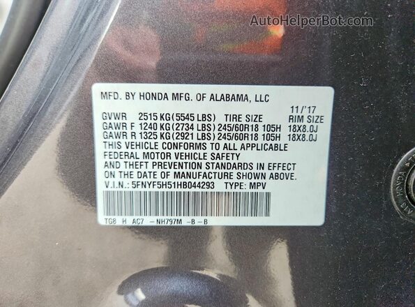 5FNYF5H51HB044293 2017 HONDA PILOT Gray Widok naklejki z numerem VIN